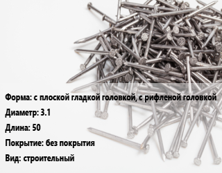 Гвоздь с плоской гладкой головкой, с рифленой головкой 3.1х50 без покрытия строительный
